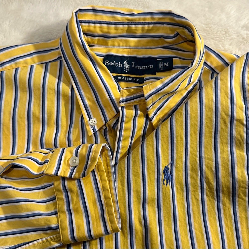 Polo‎ Ralph Lauren Classic Fit Shirt Men's Medium Yellow Blue stripe Collared